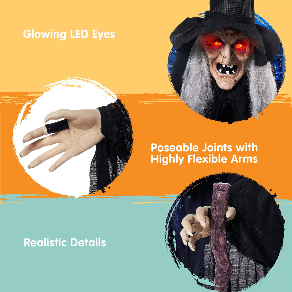 Joyfy 62"(5.17ft) Halloween Standing Hunchback Witch with Light, Animatronics Large Halloween Decorations Outdoor, Radar Motion Activated with Creepy Sound & Eyes and Moving Head for Yard Decor