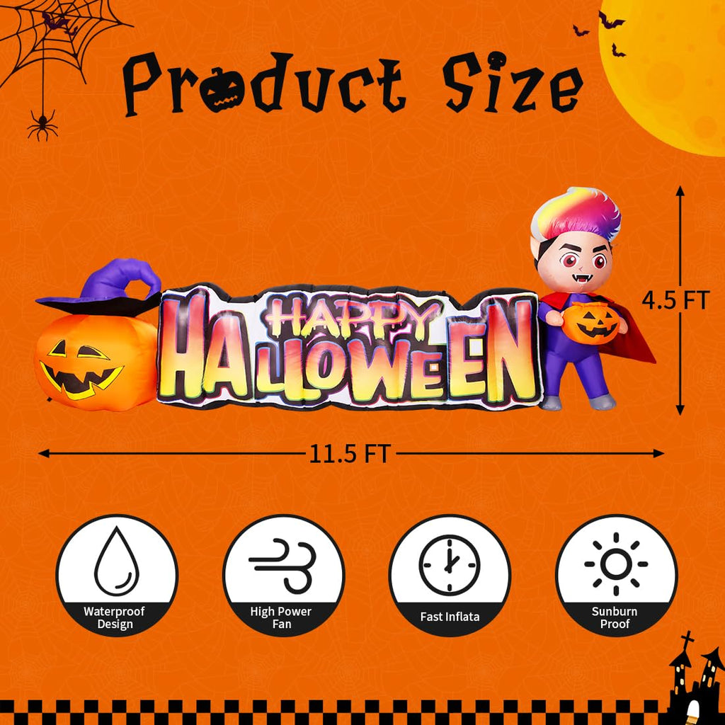 GOOSH Halloween Inflatables 11.5 FT Long Vampire With Pumpkin, Outdoor Halloween Inflatables Halloween Blow Ups with LED Lights, Funny Halloween Decorations Inflatables for Halloween Holiday Party