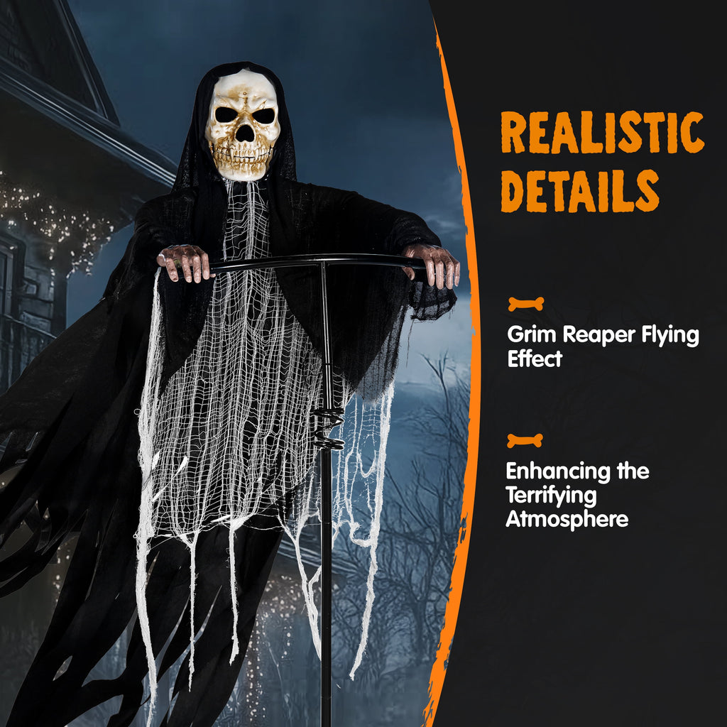 Joyfy 67"(5.6ft) Standing Grim Reaper with Chain, Large Halloween Decorations Outdoor, Life Size Animatronics Skelton, Sound-Actived Party Decor with Creepy Sound & LED Eyes, Scary Haunted House Prop