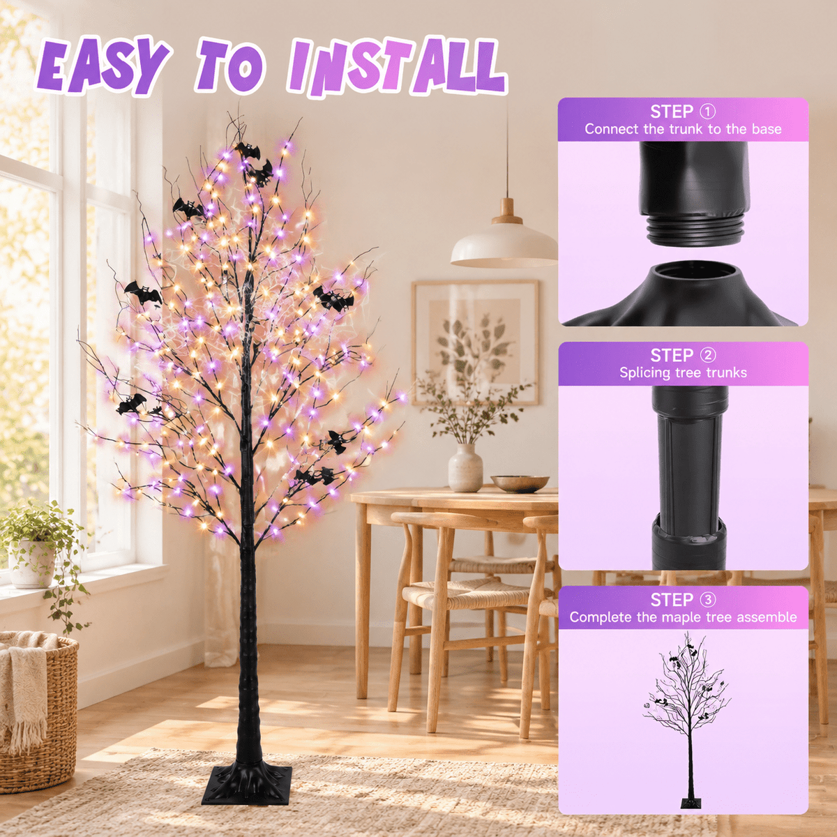 Lighted Tree With 260 Led Lights 6ft Black Timer 8 Modes Dimmable Web & Bats Diy Indoor Outdoor Decorations