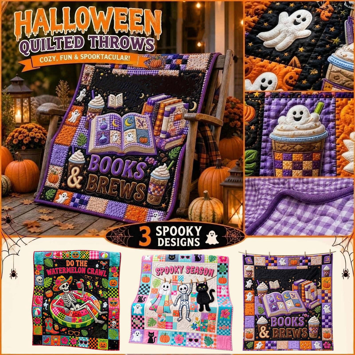 Throw Blanket, Quilted Spooky Season Ghost Skeleton Black Cat Design, 1 Piece, Halloween Decor for Couch Bed Living Room