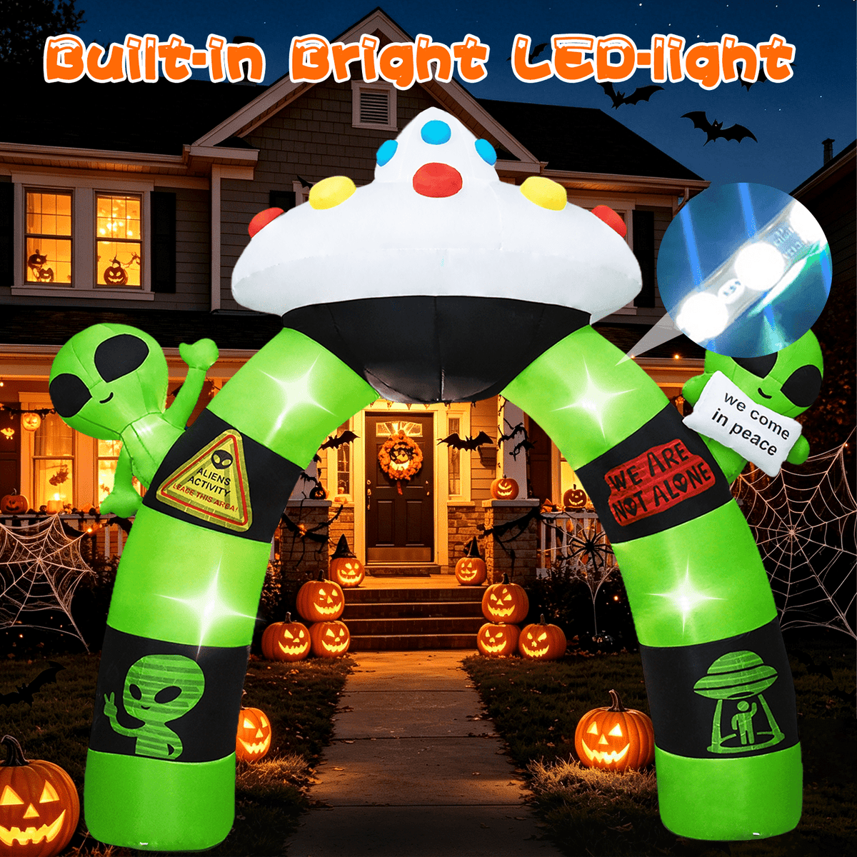 KINQUINN 10 FT Giant Halloween Inflatables Alien UFO Arch Outdoor Decorations, Blow Up Alien Archway with LED Lights, Blow Up Yard Decor for Garden, Lawn, Home, Indoor, Outside, Party, Porch