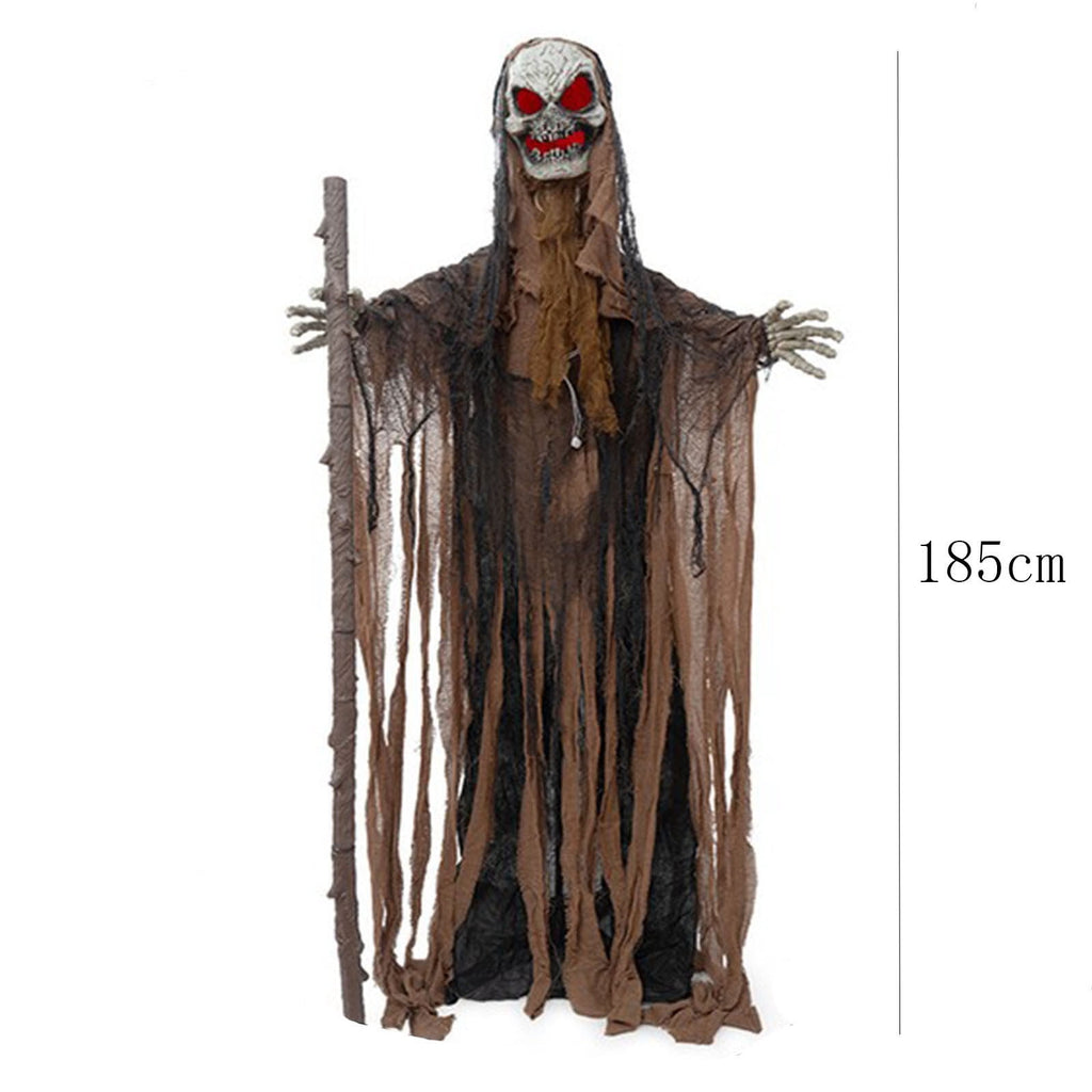 Voglyf Life-Size Scary Poseable Talking Witch 5.6FT, Red LED Glowing Eyes Scary Hag Prop with Wooden Staff, Tattered Gray Cloth Robe Witch for Front Yard Porch Haunted Spooky Party Decor