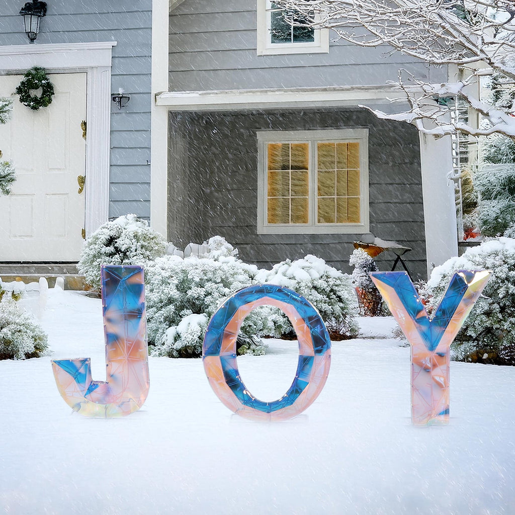 3 Piece Outdoor Xmas Decor Letters LED Lighted Prism Holiday Yard Decorations Metal PVC Lighted Patio Garden Decor
